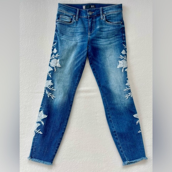 KUT Women's Janet Blue Ankle Skinny Jeans With Embroidery Size 8 91% cotton - Picture 1 of 8